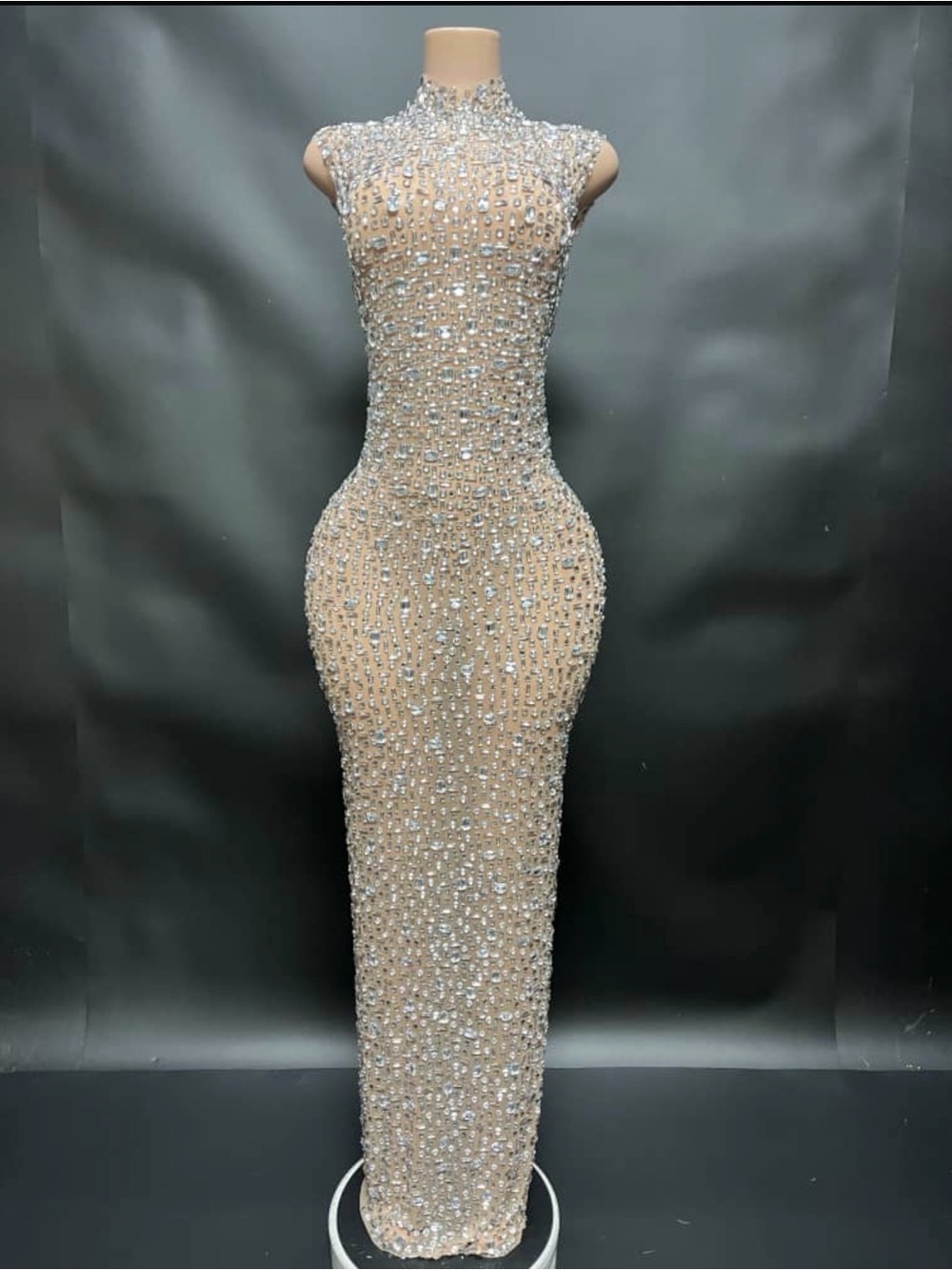 Nude Crystal Embellished High-Neck Evening Gown
